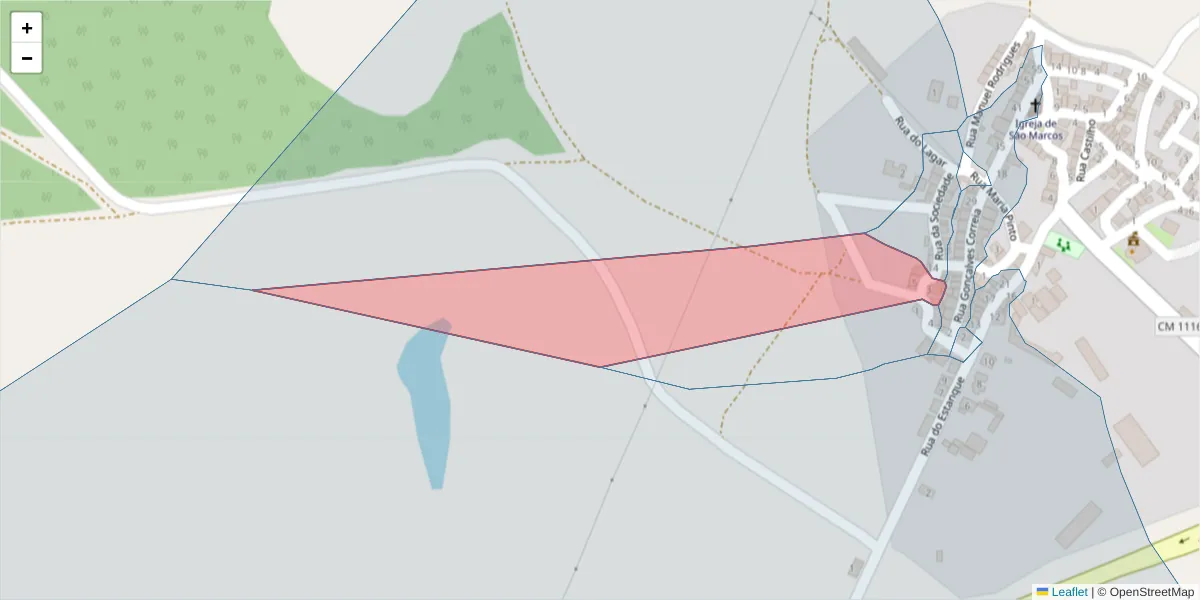 Mapa detalhado do código postal 7780-525 com limites, códigos postais vizinhos e agências dos correios