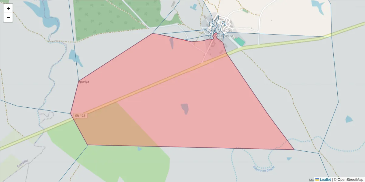 Mapa detalhado do código postal 7780-532 com limites, códigos postais vizinhos e agências dos correios