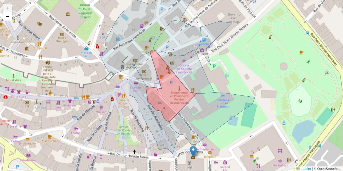 Mapa detalhado do código postal 7800-018 com limites, códigos postais vizinhos e agências dos correios