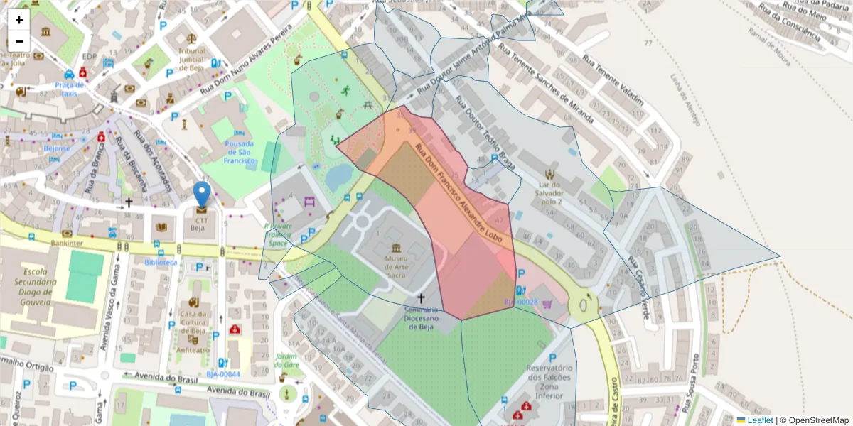 Mapa detalhado do código postal 7800-051 com limites, códigos postais vizinhos e agências dos correios