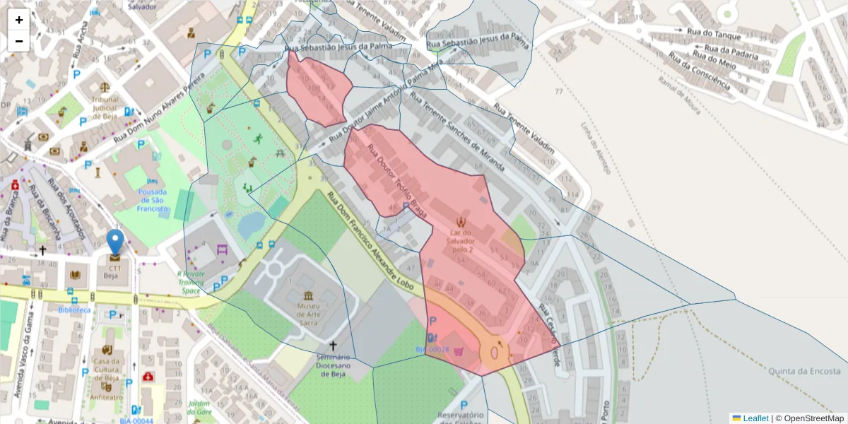Mapa detalhado do código postal 7800-058 com limites, códigos postais vizinhos e agências dos correios