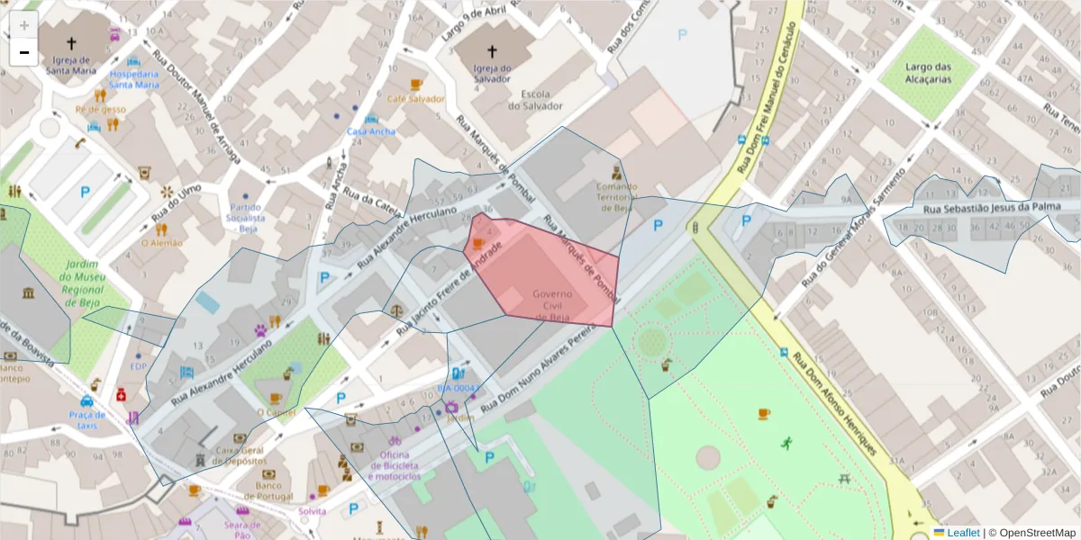 Mapa detalhado do código postal 7800-077 com limites, códigos postais vizinhos e agências dos correios