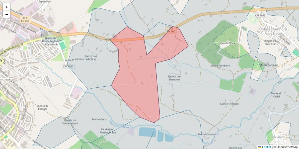 Mapa detalhado do código postal 7800-100 com limites, códigos postais vizinhos e agências dos correios