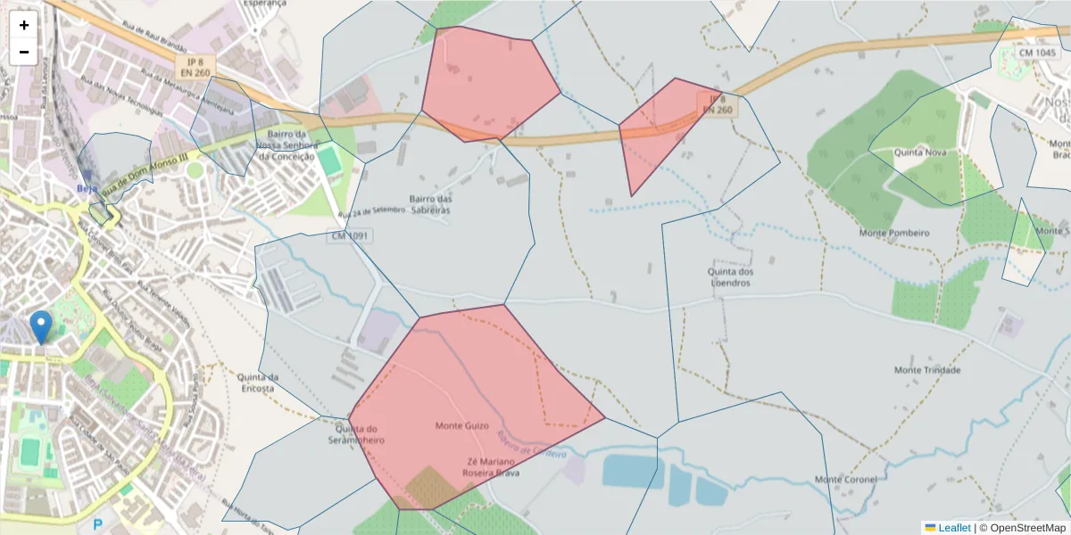 Mapa detalhado do código postal 7800-102 com limites, códigos postais vizinhos e agências dos correios