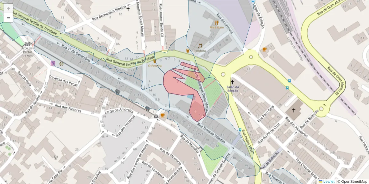 Mapa detalhado do código postal 7800-121 com limites, códigos postais vizinhos e agências dos correios