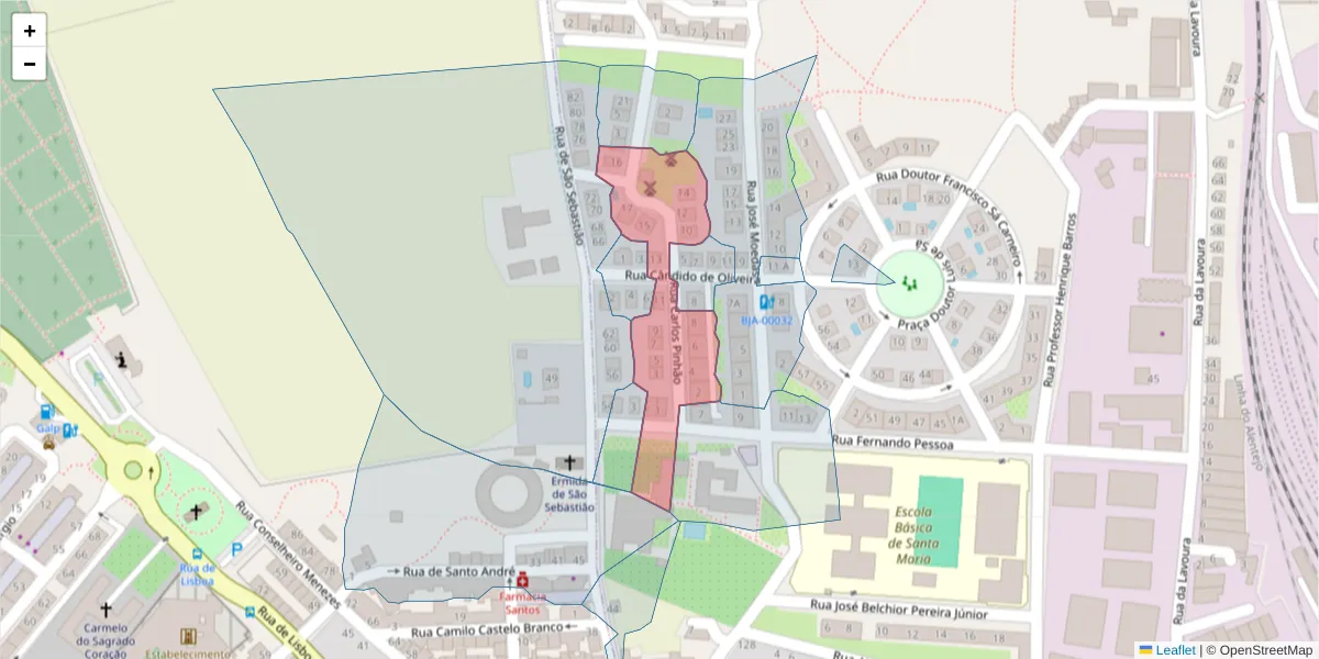 Mapa detalhado do código postal 7800-141 com limites, códigos postais vizinhos e agências dos correios