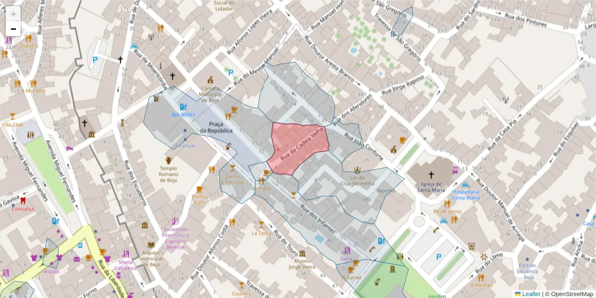 Mapa detalhado do código postal 7800-143 com limites, códigos postais vizinhos e agências dos correios