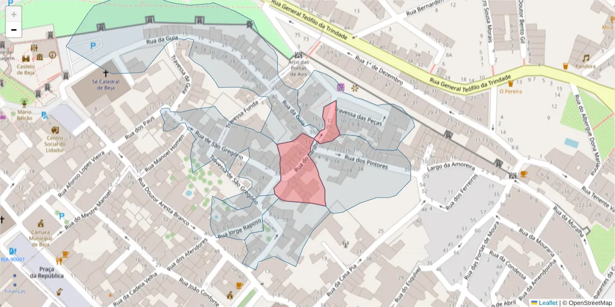 Mapa detalhado do código postal 7800-165 com limites, códigos postais vizinhos e agências dos correios