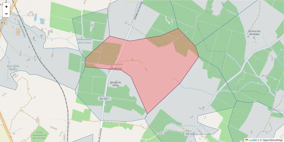 Mapa detalhado do código postal 7800-214 com limites, códigos postais vizinhos e agências dos correios