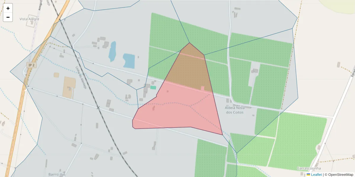 Mapa detalhado do código postal 7800-229 com limites, códigos postais vizinhos e agências dos correios