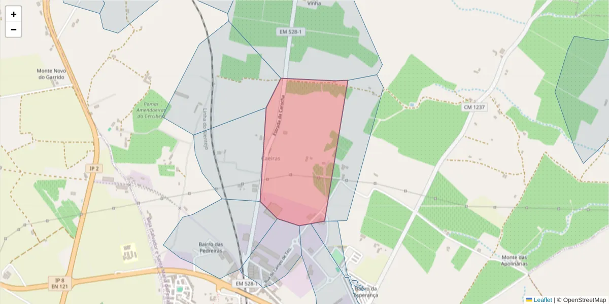 Mapa detalhado do código postal 7800-234 com limites, códigos postais vizinhos e agências dos correios