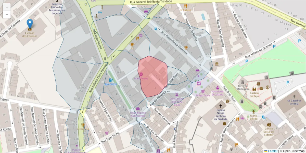 Mapa detalhado do código postal 7800-262 com limites, códigos postais vizinhos e agências dos correios