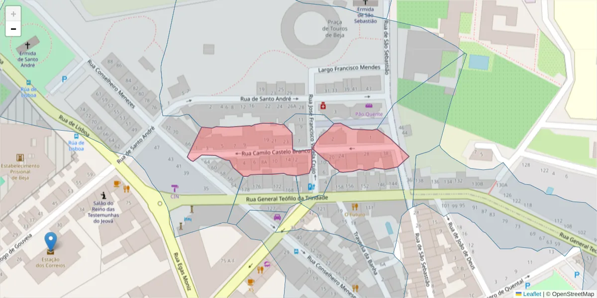 Mapa detalhado do código postal 7800-280 com limites, códigos postais vizinhos e agências dos correios