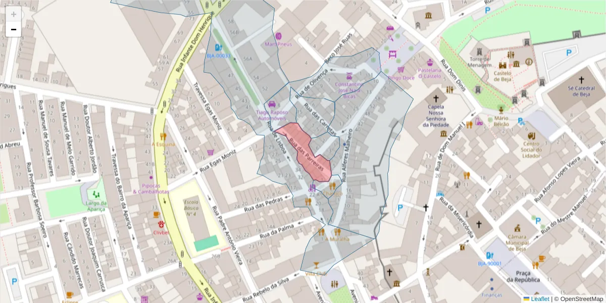Mapa detalhado do código postal 7800-289 com limites, códigos postais vizinhos e agências dos correios