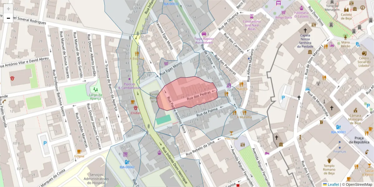 Mapa detalhado do código postal 7800-290 com limites, códigos postais vizinhos e agências dos correios