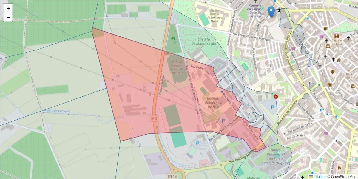 Mapa detalhado do código postal 7800-295 com limites, códigos postais vizinhos e agências dos correios