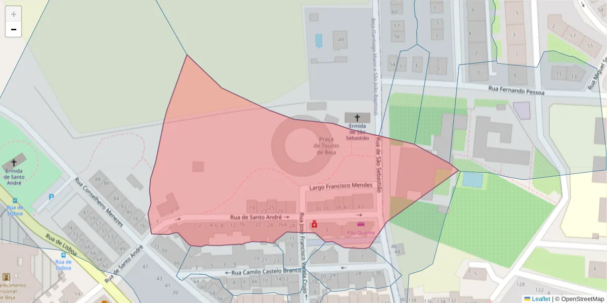 Mapa detalhado do código postal 7800-296 com limites, códigos postais vizinhos e agências dos correios