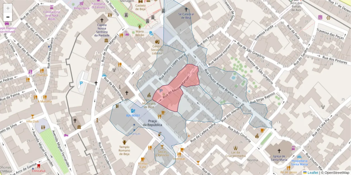 Mapa detalhado do código postal 7800-304 com limites, códigos postais vizinhos e agências dos correios