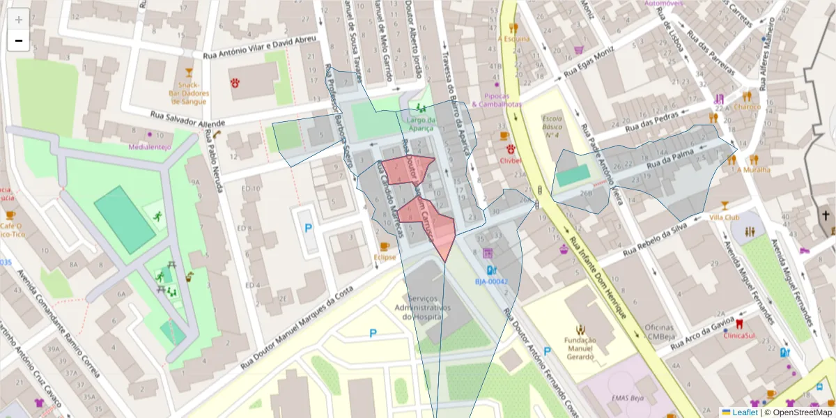 Mapa detalhado do código postal 7800-311 com limites, códigos postais vizinhos e agências dos correios