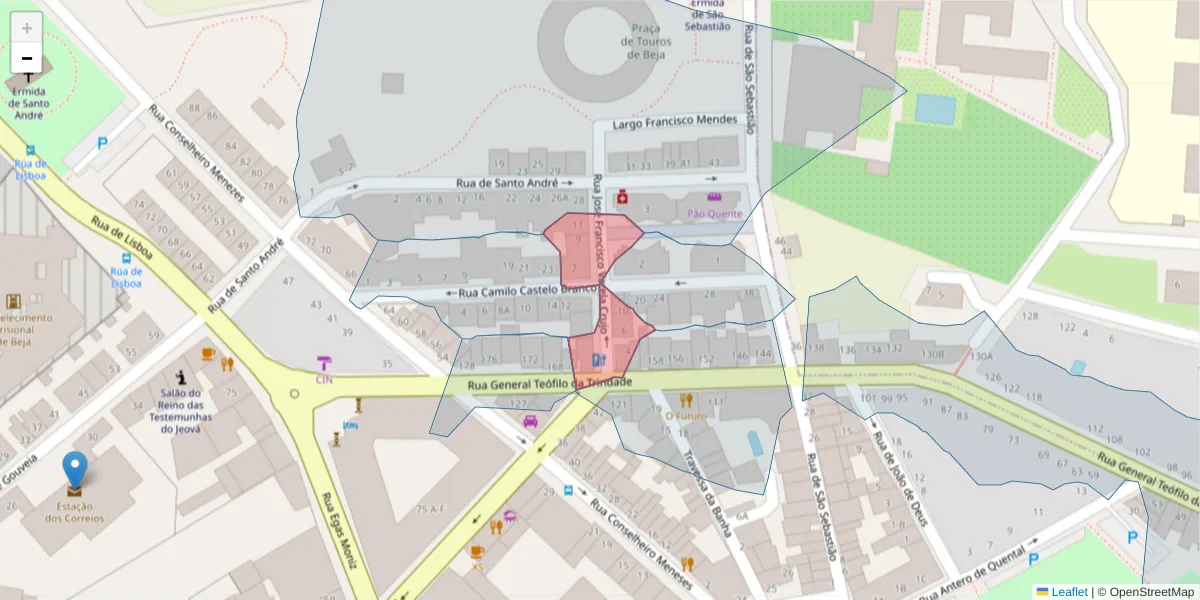 Mapa detalhado do código postal 7800-321 com limites, códigos postais vizinhos e agências dos correios