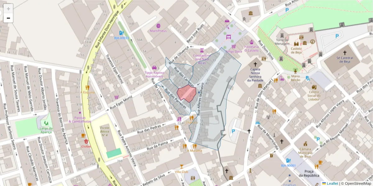 Mapa detalhado do código postal 7800-335 com limites, códigos postais vizinhos e agências dos correios