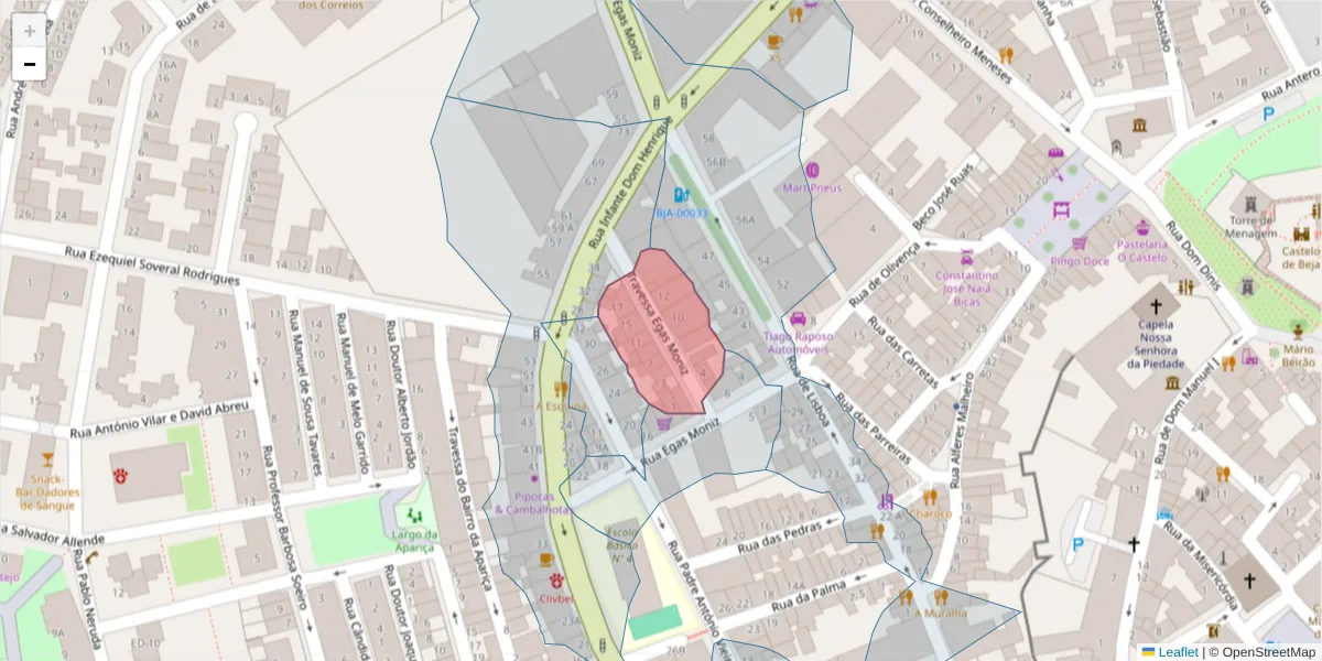Mapa detalhado do código postal 7800-336 com limites, códigos postais vizinhos e agências dos correios