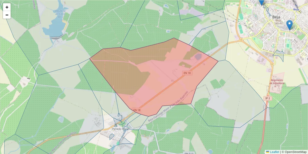 Mapa detalhado do código postal 7800-340 com limites, códigos postais vizinhos e agências dos correios