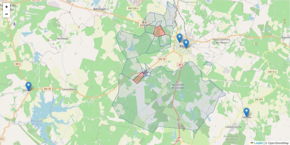 Mapa detalhado do código postal 7800-357 com limites, códigos postais vizinhos e agências dos correios