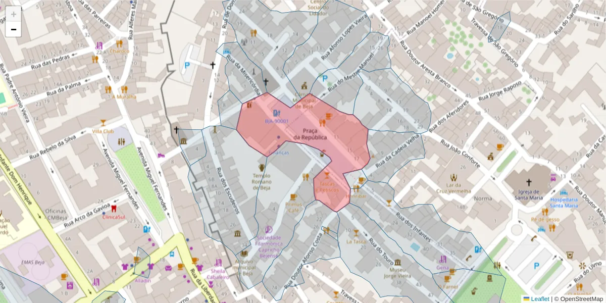 Mapa detalhado do código postal 7800-427 com limites, códigos postais vizinhos e agências dos correios