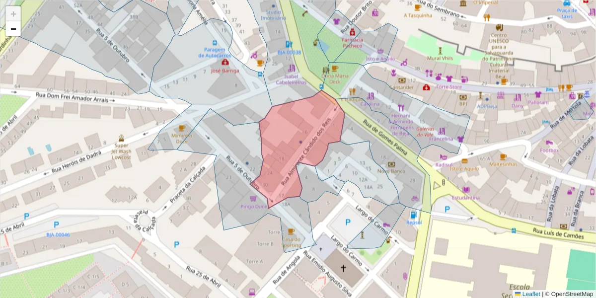 Mapa detalhado do código postal 7800-445 com limites, códigos postais vizinhos e agências dos correios