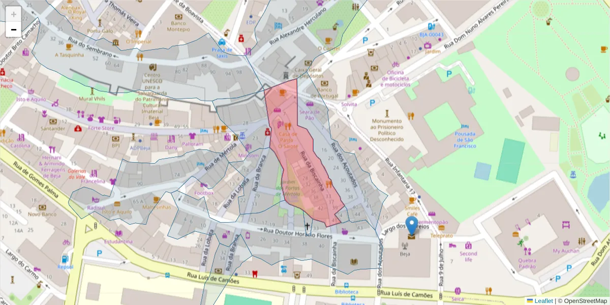 Mapa detalhado do código postal 7800-458 com limites, códigos postais vizinhos e agências dos correios