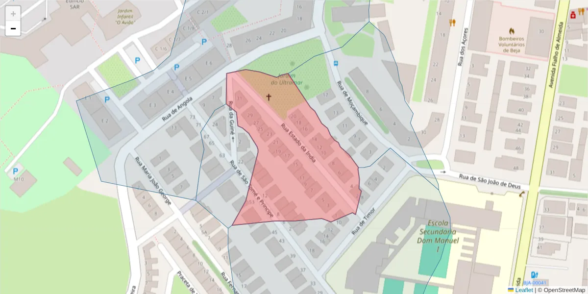 Mapa detalhado do código postal 7800-485 com limites, códigos postais vizinhos e agências dos correios
