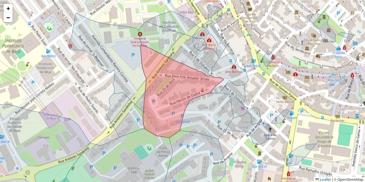 Mapa detalhado do código postal 7800-491 com limites, códigos postais vizinhos e agências dos correios