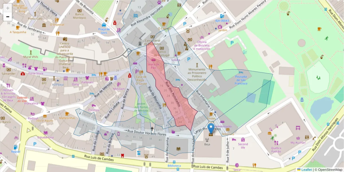 Mapa detalhado do código postal 7800-493 com limites, códigos postais vizinhos e agências dos correios