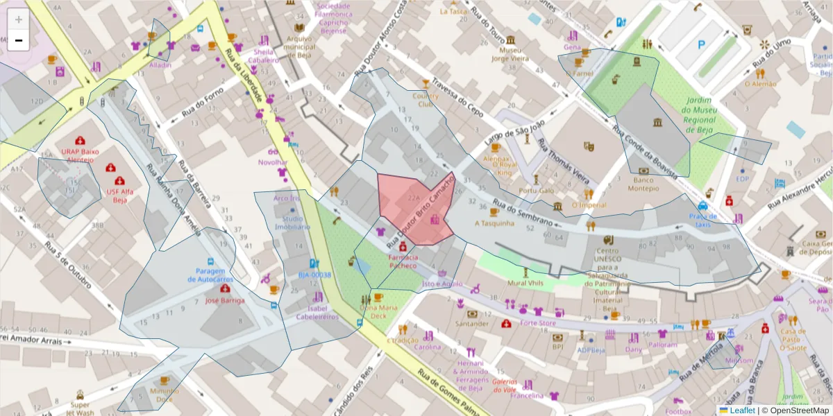 Mapa detalhado do código postal 7800-497 com limites, códigos postais vizinhos e agências dos correios