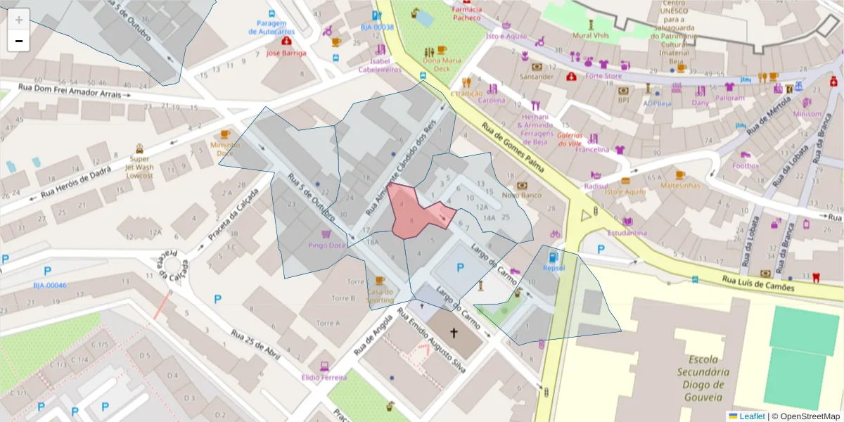 Mapa detalhado do código postal 7800-498 com limites, códigos postais vizinhos e agências dos correios