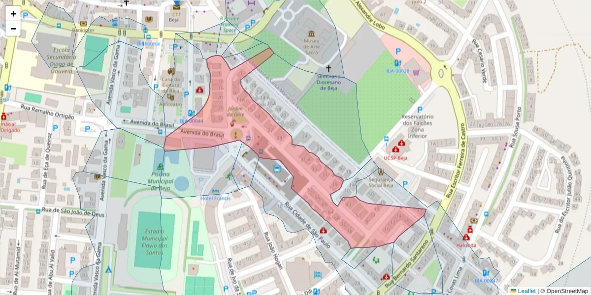 Mapa detalhado do código postal 7800-504 com limites, códigos postais vizinhos e agências dos correios