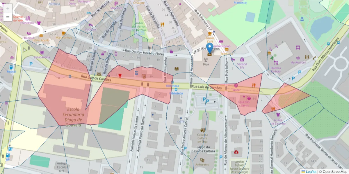 Mapa detalhado do código postal 7800-508 com limites, códigos postais vizinhos e agências dos correios