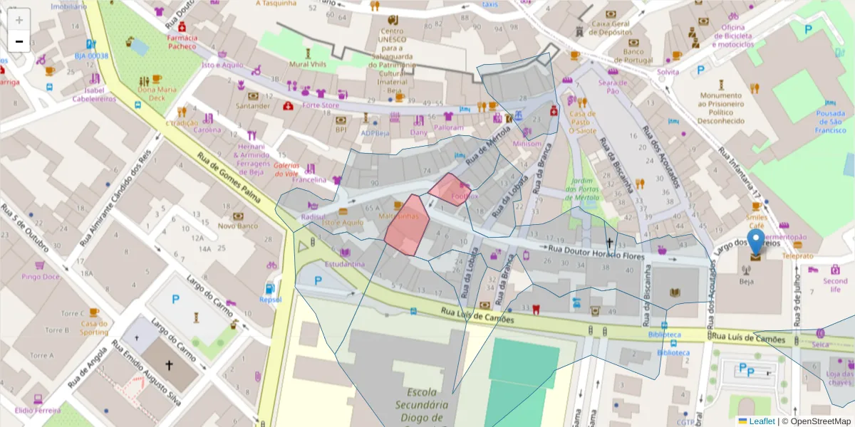 Mapa detalhado do código postal 7800-523 com limites, códigos postais vizinhos e agências dos correios