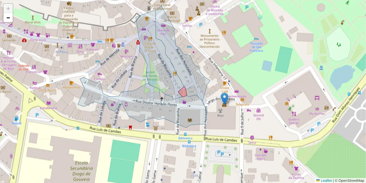 Mapa detalhado do código postal 7800-526 com limites, códigos postais vizinhos e agências dos correios