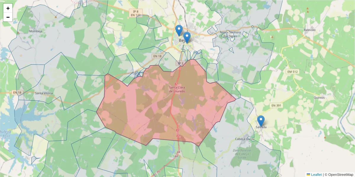 Mapa detalhado do código postal 7800-721 com limites, códigos postais vizinhos e agências dos correios