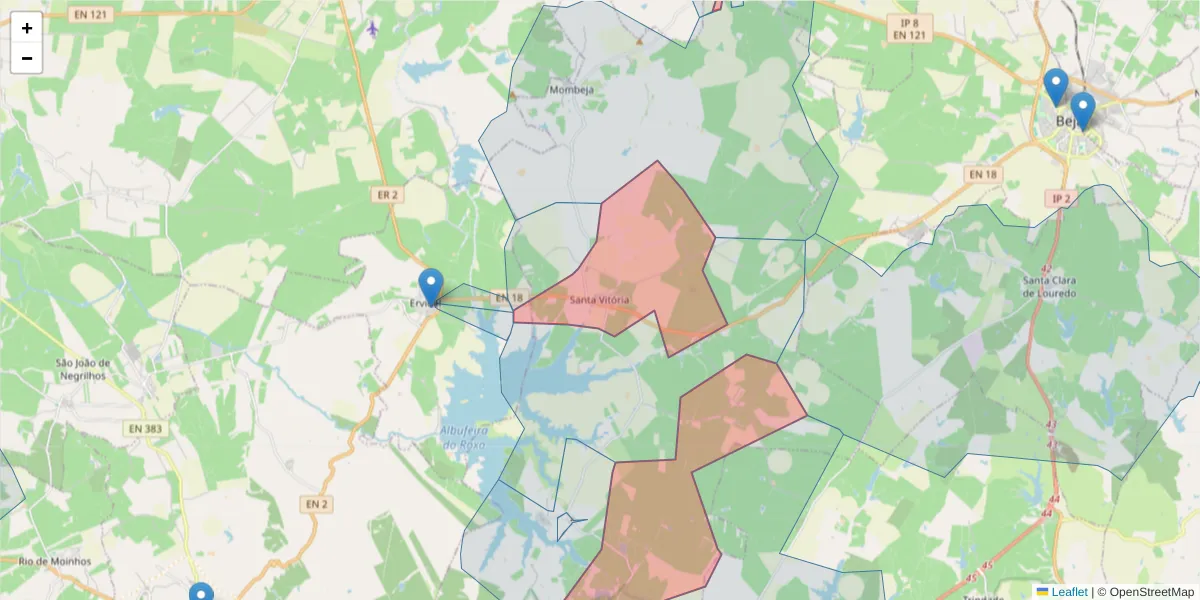Mapa detalhado do código postal 7800-732 com limites, códigos postais vizinhos e agências dos correios