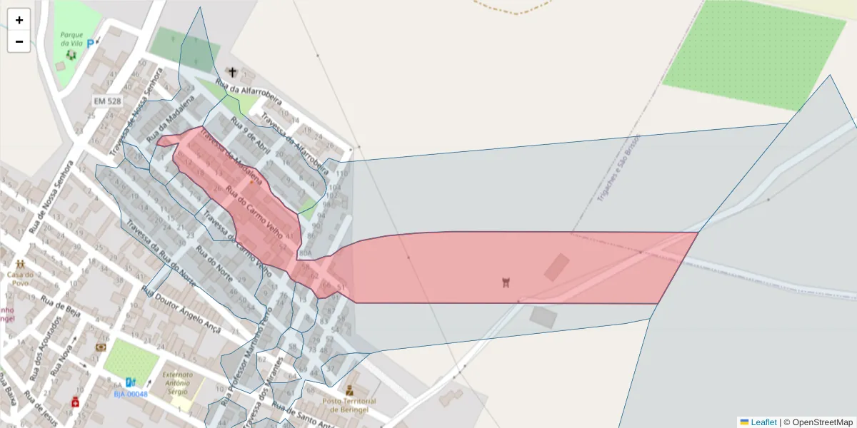 Mapa detalhado do código postal 7800-814 com limites, códigos postais vizinhos e agências dos correios