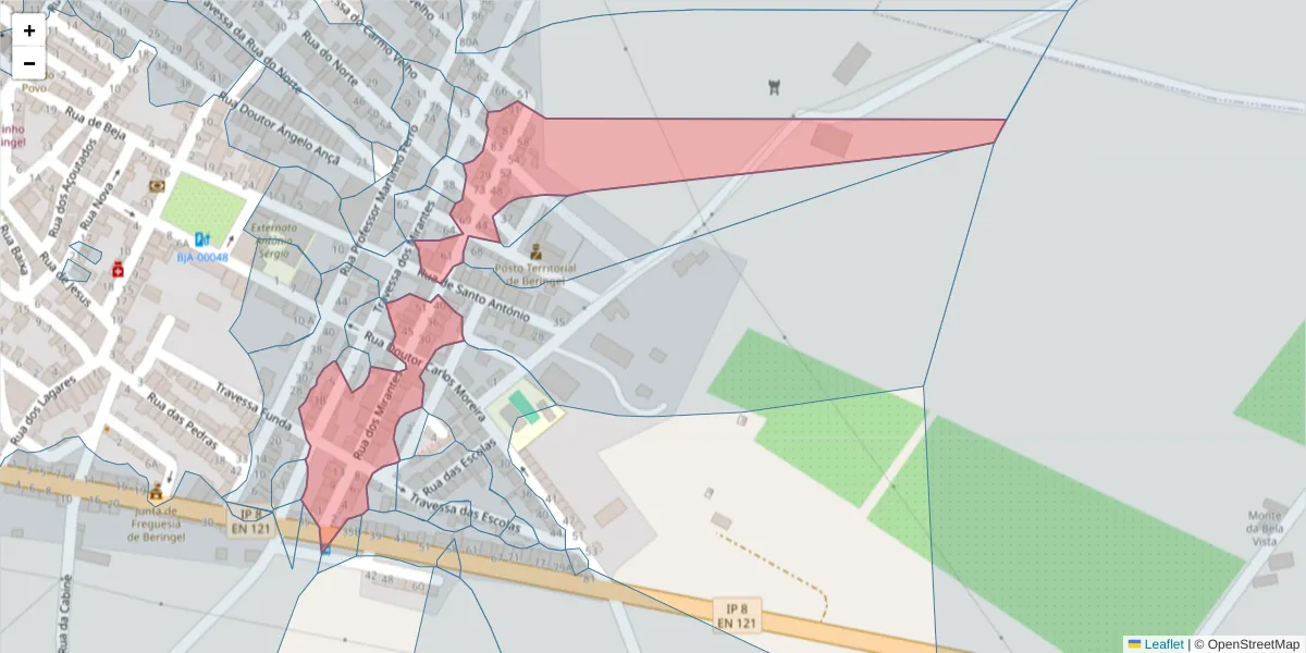 Mapa detalhado do código postal 7800-833 com limites, códigos postais vizinhos e agências dos correios
