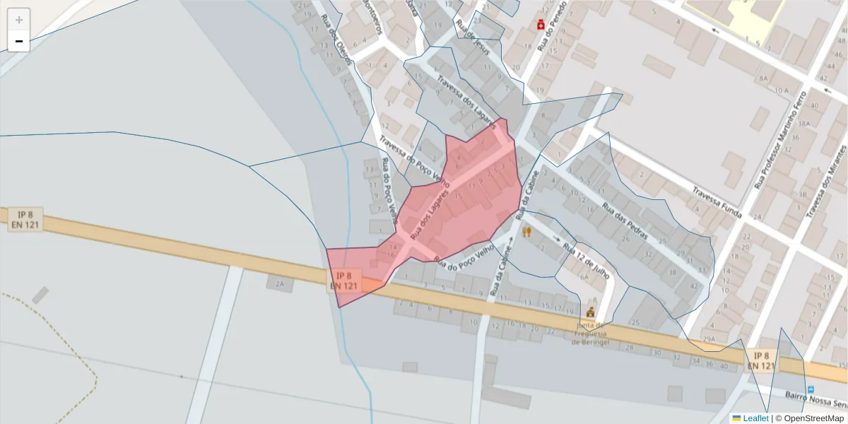 Mapa detalhado do código postal 7800-851 com limites, códigos postais vizinhos e agências dos correios