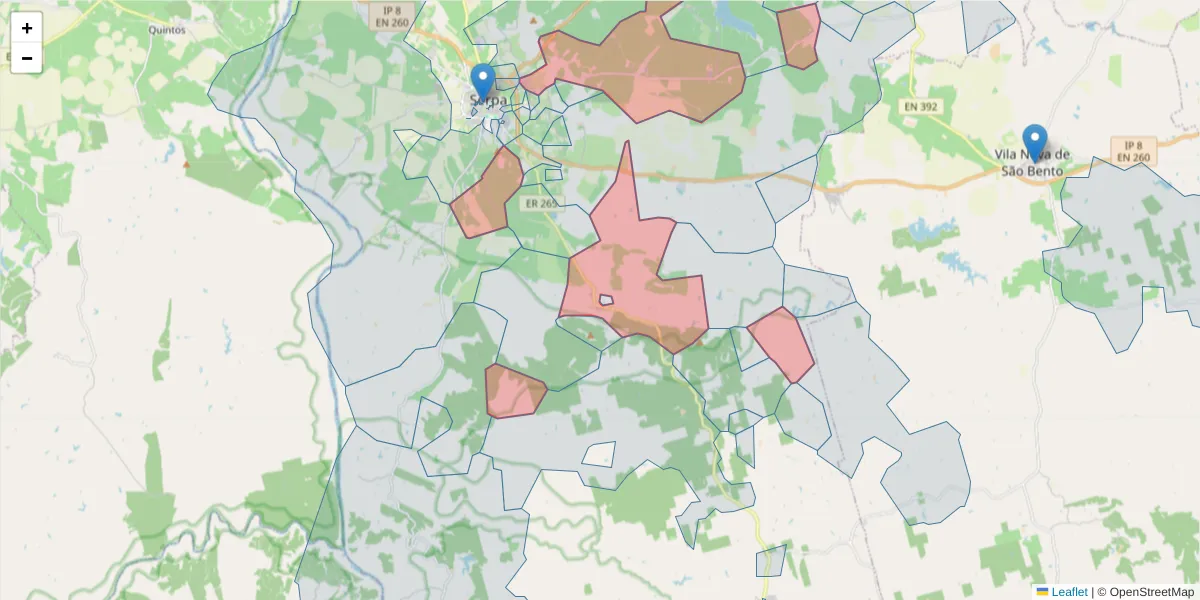 Mapa detalhado do código postal 7830-304 com limites, códigos postais vizinhos e agências dos correios