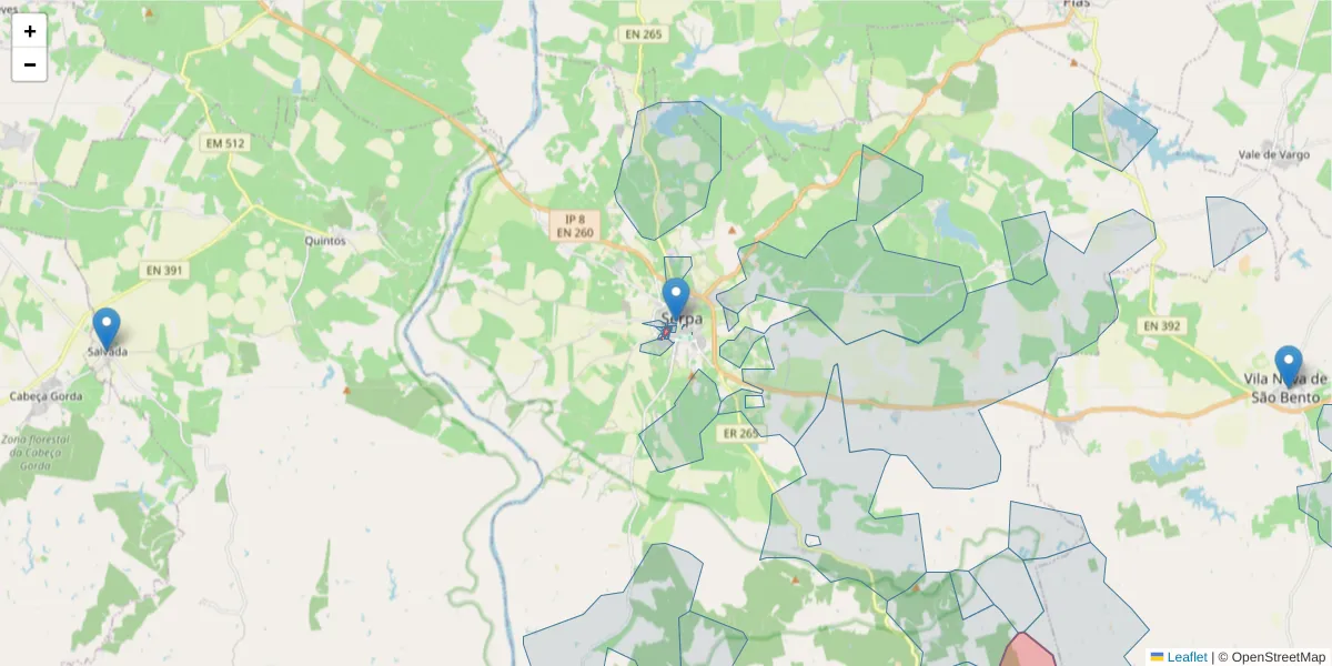 Mapa detalhado do código postal 7830-320 com limites, códigos postais vizinhos e agências dos correios