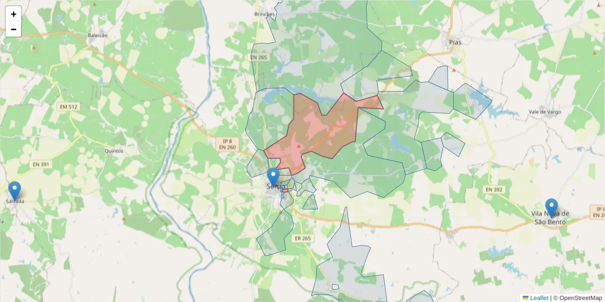 Mapa detalhado do código postal 7830-323 com limites, códigos postais vizinhos e agências dos correios