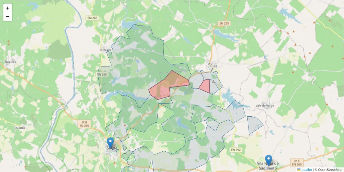 Mapa detalhado do código postal 7830-325 com limites, códigos postais vizinhos e agências dos correios