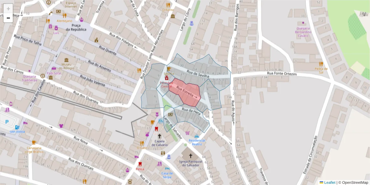 Mapa detalhado do código postal 7830-349 com limites, códigos postais vizinhos e agências dos correios